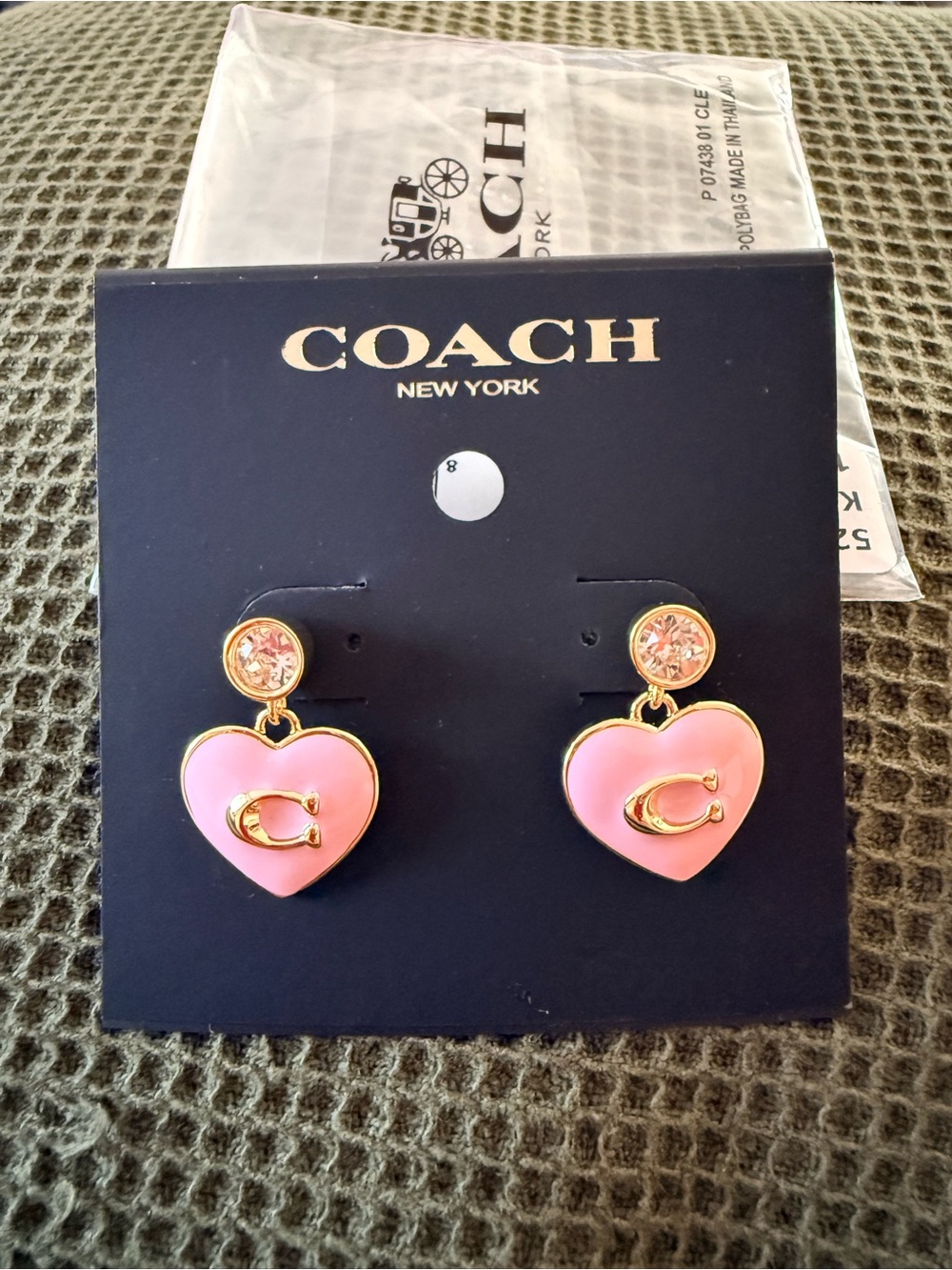 COACH Pink Heart Drop Earrings with Gold 'C' Emblem and Pink Crystal Studs